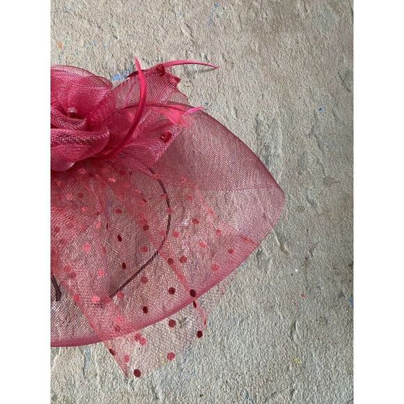 Vintage Hat Fascinator Kentucky Derby Red Rise Polkadot Sheer Headband Mesh - Picture 8 of 11